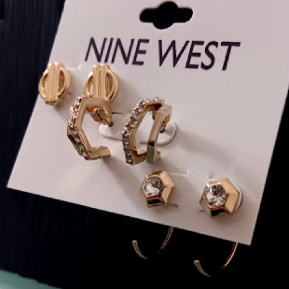 NINE WEST 3pc Mod/Contemporary Gold Clear Crystal Hoops & Stud Earrings Set**NEW - Picture 2 of 4